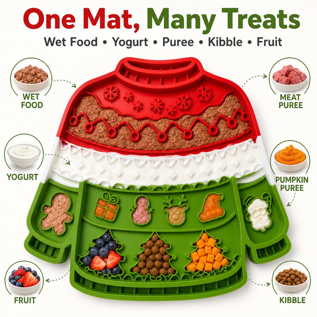 Ortekor Christmas Sweater Wall-Mount Pet Lick Mat for Dogs & Cats - Slow Feeding & Nail Trimming Distraction for Holiday Treat Time