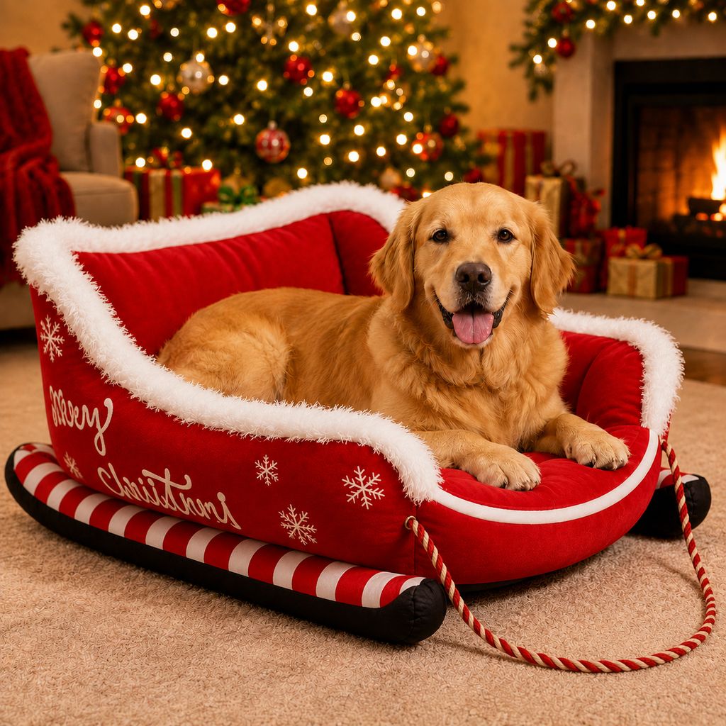 Ortekor Christmas Sleigh Dog Bed for Holiday Living Rooms – Cozy Pet Rest & Festive Décor