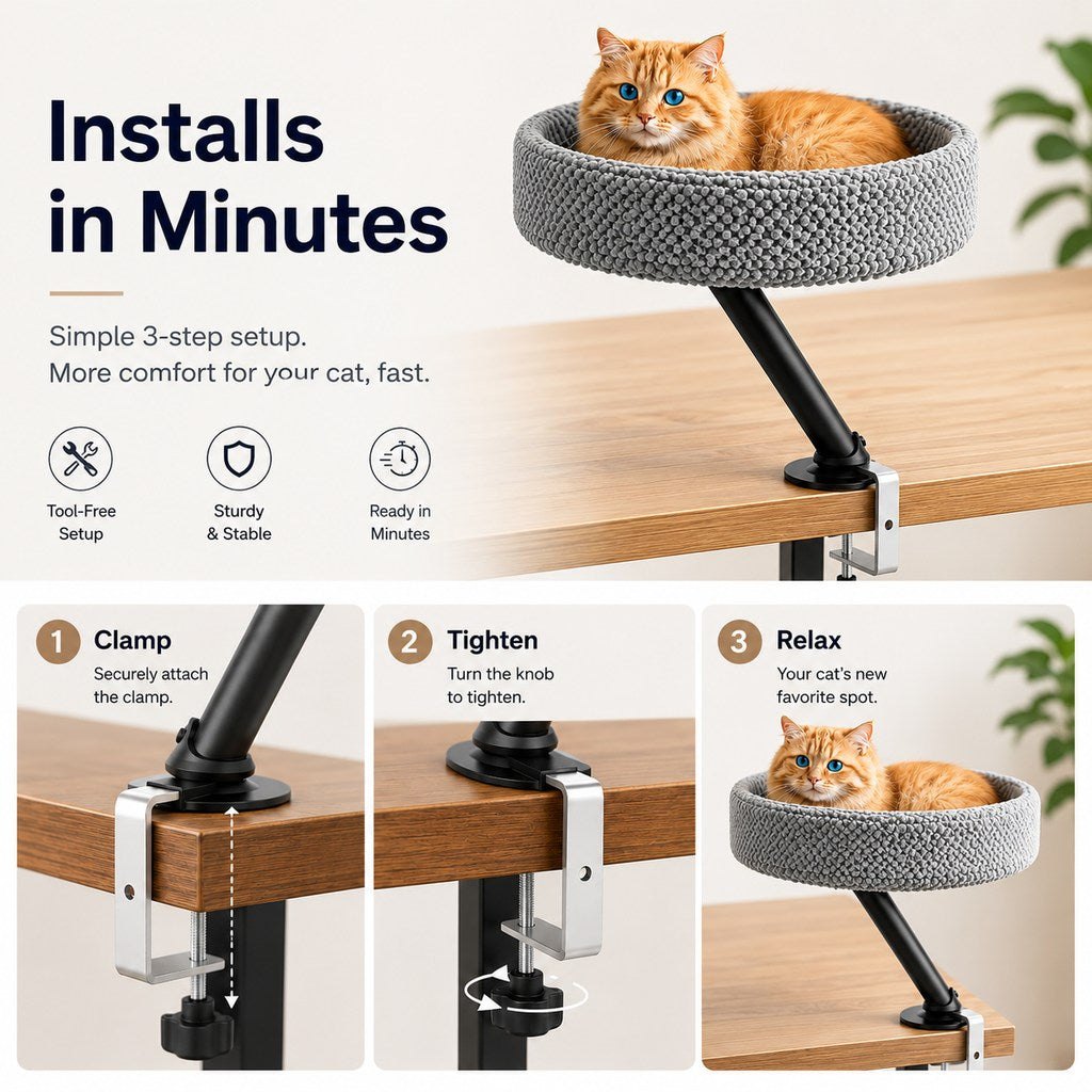 Ortekor Desk Mounted Cat Bed Perch for Home Office - Space Saving Elevated Cat Lounger with Soft Breathable Fabric for Cats to Relax Beside Your Workspace
