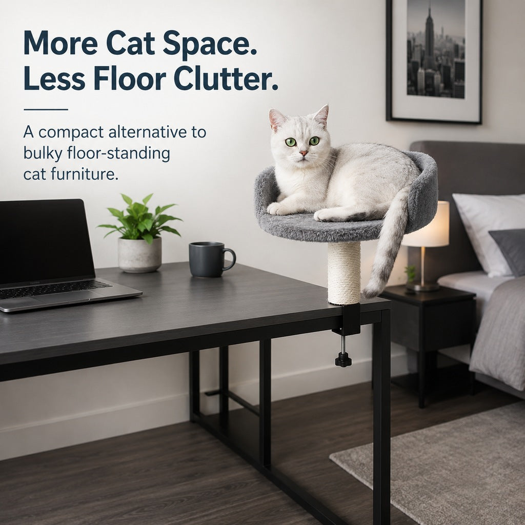 Ortekor Clamp-On Cat Perch for Home Office Desks - Space-Saving Cat Bed with Sisal Scratching Post