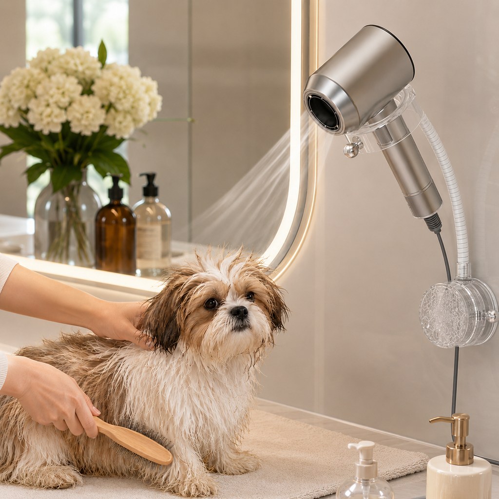 Ortekor Hands-Free Pet Grooming Hair Dryer Holder for At-Home Bath Time - Repositionable Suction Mount with 360 Flexible Arm