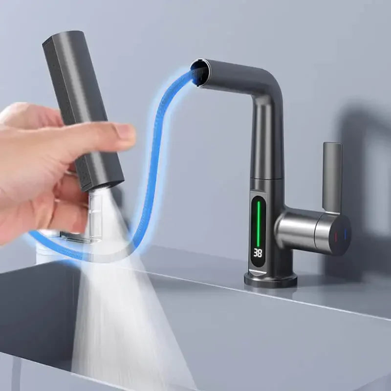 Digital Display Kitchen Tap with Pull-Down Sprayer 15 in Height Swivel Brass Faucet 3-Mode Spray for Sink Temperature Control