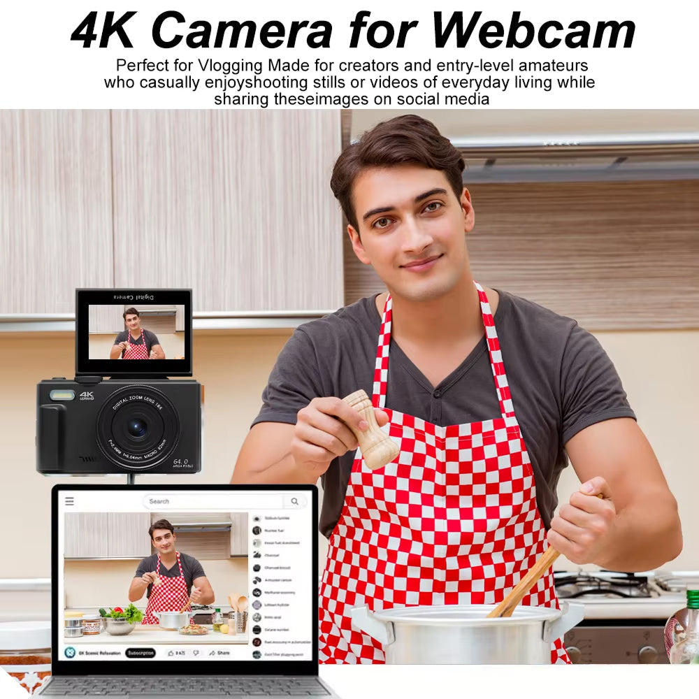 Compact 4K Digital Video Camera with Flip Screen & 18x Zoom for Vlogging, Content Creation, Travel & Photography