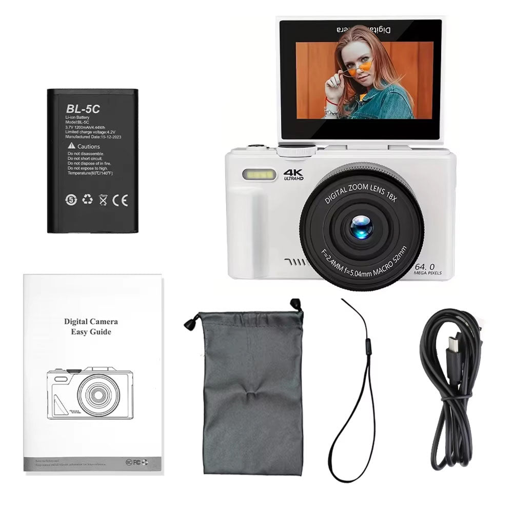 Compact 4K Digital Video Camera with Flip Screen & 18x Zoom for Vlogging, Content Creation, Travel & Photography