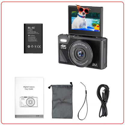 Compact 4K Digital Video Camera with Flip Screen & 18x Zoom for Vlogging, Content Creation, Travel & Photography