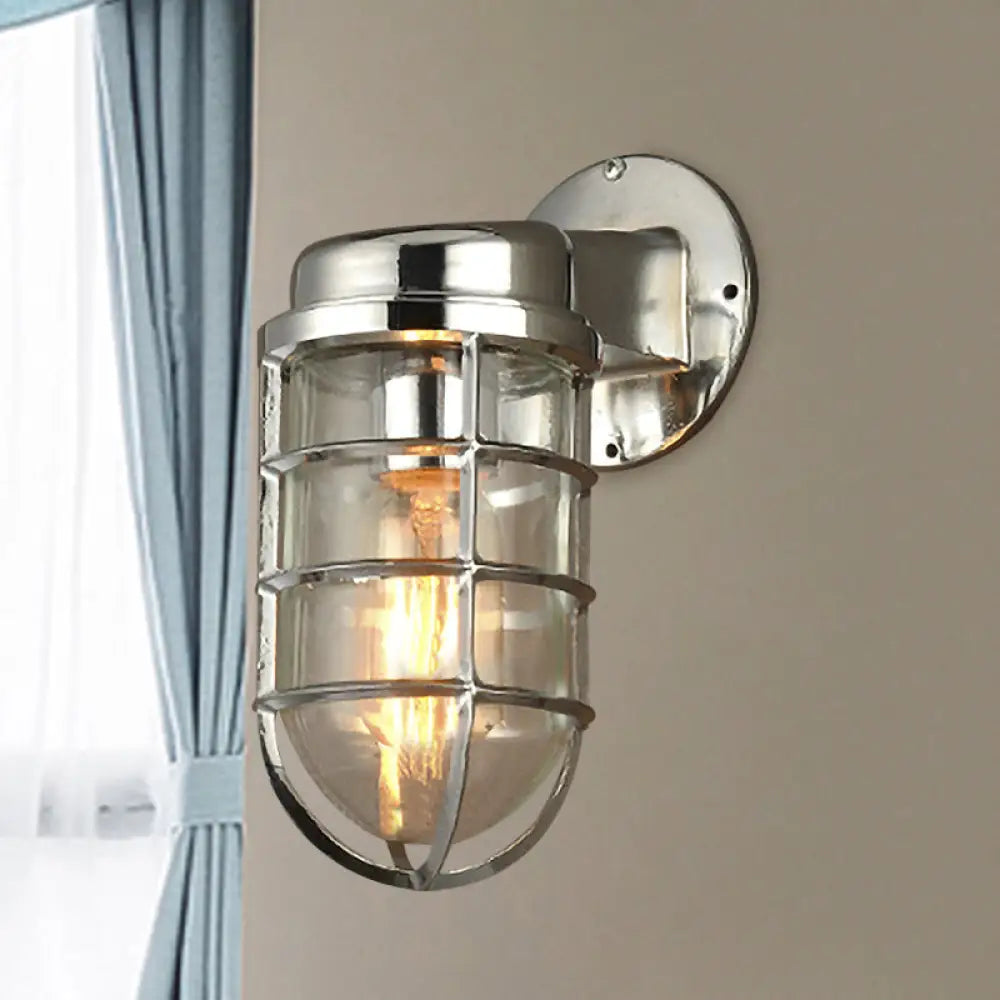 Metal Cage Wall Sconce with Glass Shade – Industrial Hardwired Light for Hallway, Bedroom, Dining Room – 4" Wide 1-Light Fixture