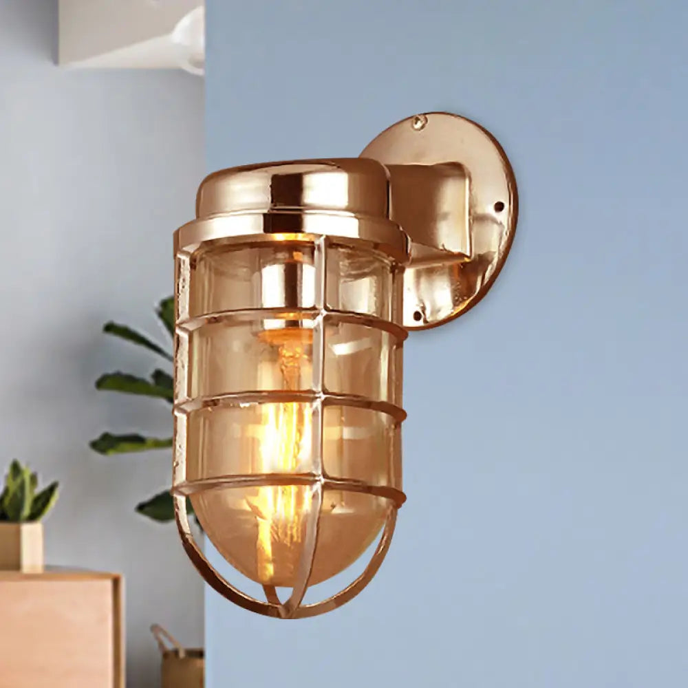 Metal Cage Wall Sconce with Glass Shade – Industrial Hardwired Light for Hallway, Bedroom, Dining Room – 4" Wide 1-Light Fixture
