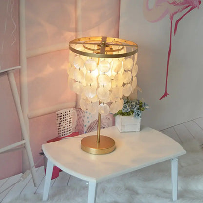 Two-Tier Seashell Table Lamp with Dual Sockets for Bedroom, Decorative Nightstand Accent Light in Gold Finish