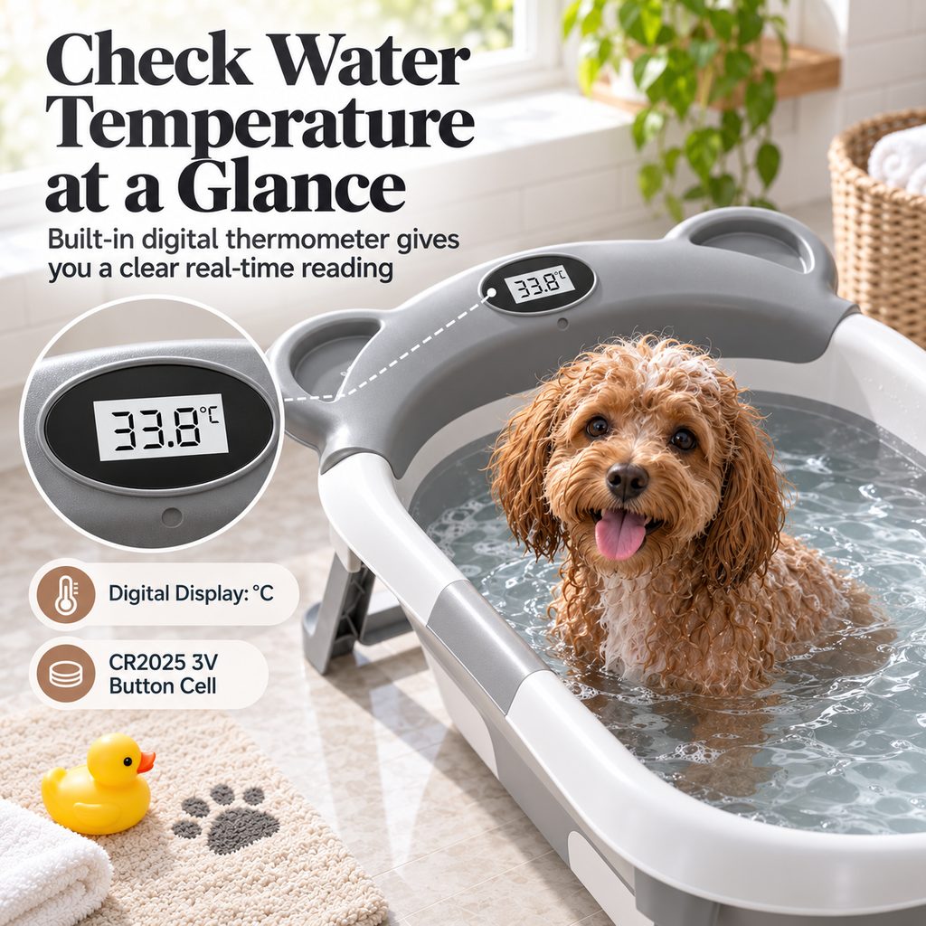 Ortekor Collapsible Pet Bathtub with Digital Thermometer - Space-Saving Dog & Cat Bath Tub for Easy At-Home Grooming