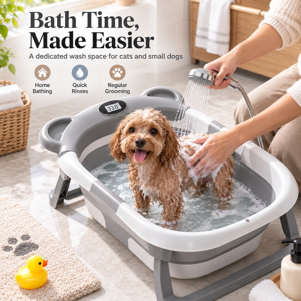 Ortekor Collapsible Pet Bathtub with Digital Thermometer - Space-Saving Dog & Cat Bath Tub for Easy At-Home Grooming
