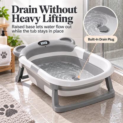 Ortekor Collapsible Pet Bathtub with Digital Thermometer - Space-Saving Dog & Cat Bath Tub for Easy At-Home Grooming