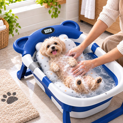 Ortekor Collapsible Pet Bathtub with Digital Thermometer - Space-Saving Dog & Cat Bath Tub for Easy At-Home Grooming