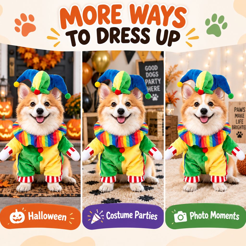 Ortekor Halloween Jester Clown Dog Costume with Hat & Fake Arms - Funny Photo-Ready Pet Outfit for Trick-or-Treat Parties