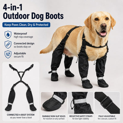 Ortekor 4-in-1 Connected Dog Boots for Rainy Walks - Water-Resistant Paw & Leg Protection for Mud & Dirt