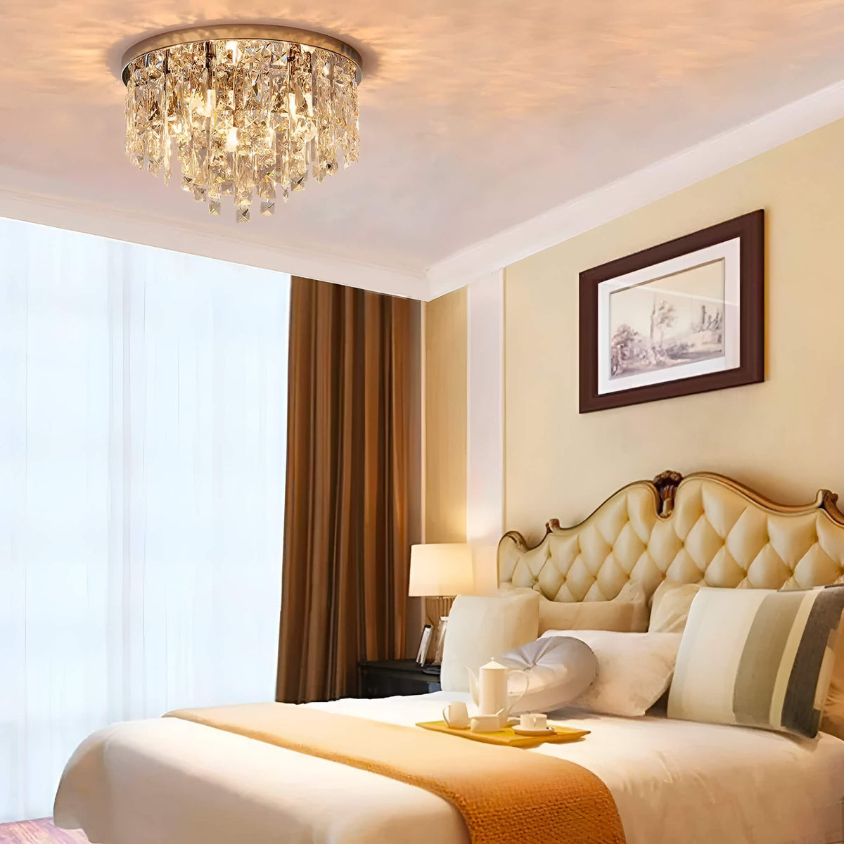 Flush Mount Crystal Ceiling Light Round Chandelier Chrome Finish for Bedroom Living Room Hallway Elegant Lighting Fixture Sparkling