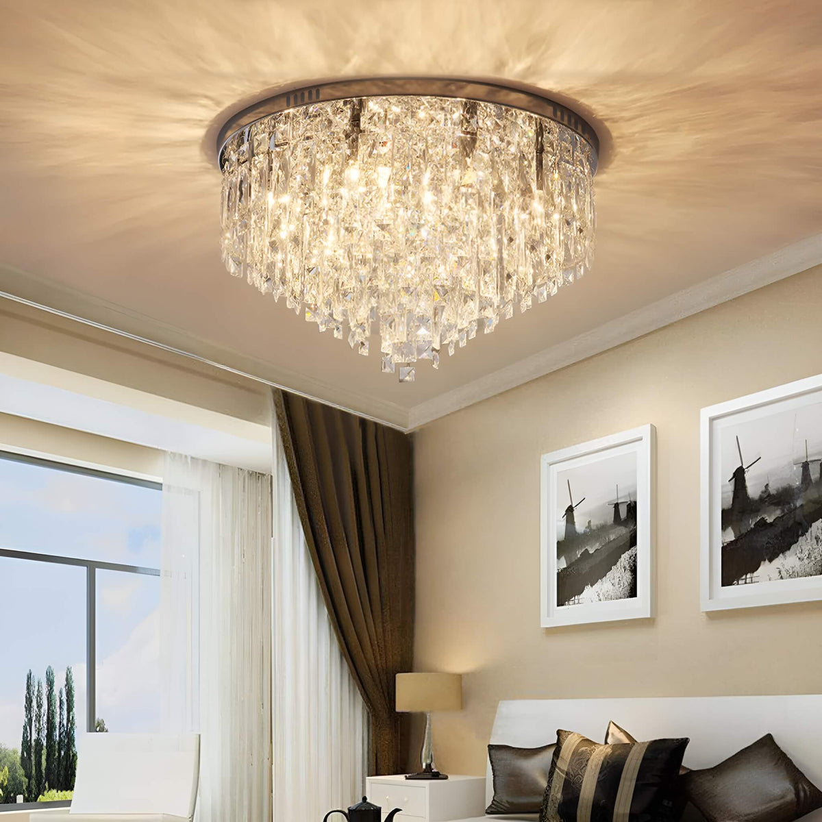 Flush Mount Crystal Ceiling Light Round Chandelier Chrome Finish for Bedroom Living Room Hallway Elegant Lighting Fixture Sparkling