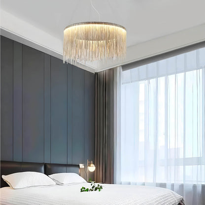 Circular Aluminum LED Chandelier Modern Ring Pendant Light Silver Finish for Dining Room Kitchen Bedroom Adjustable Height Ceiling Fixture