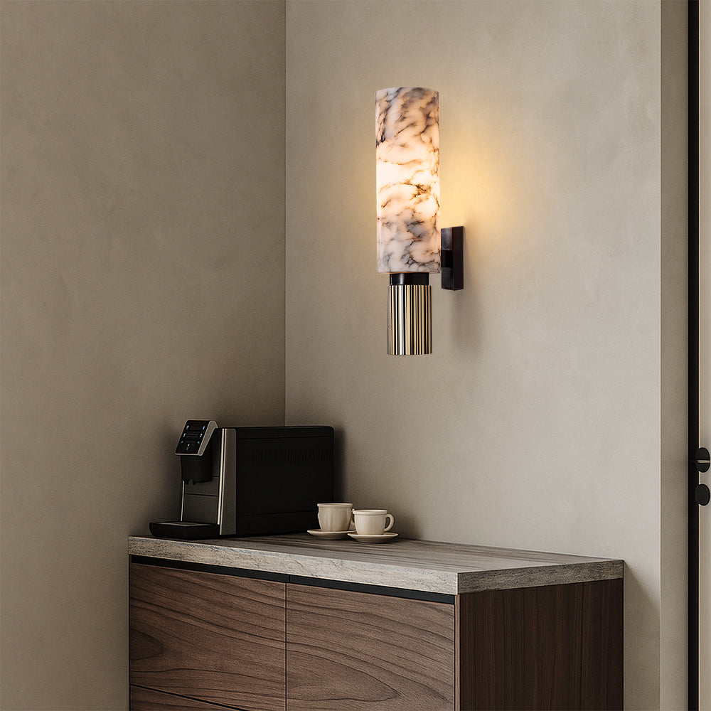 Marble and Copper Wall Sconce with Warm LED Light for Bedroom, Hallway, Living Room – Natural Stone Accent Wall Fixture