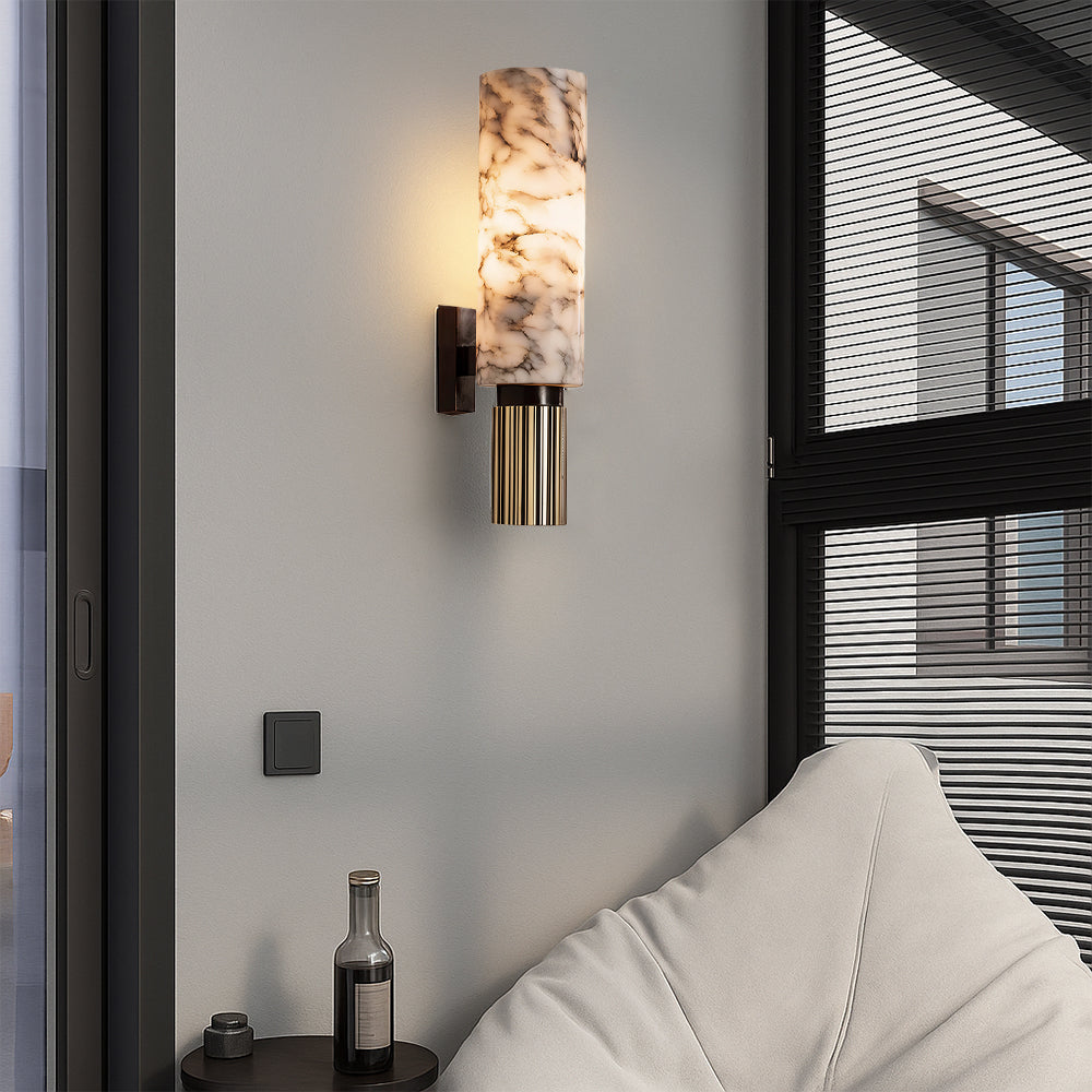Marble and Copper Wall Sconce with Warm LED Light for Bedroom, Hallway, Living Room – Natural Stone Accent Wall Fixture