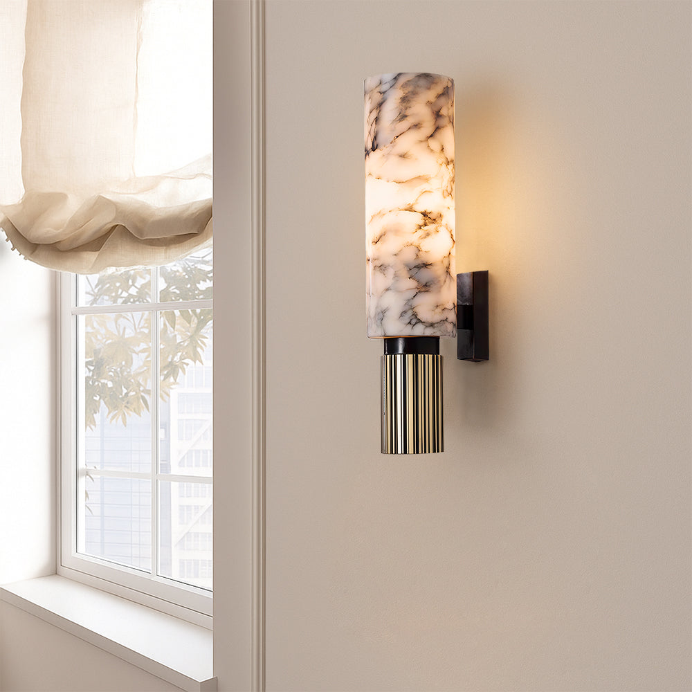 Marble and Copper Wall Sconce with Warm LED Light for Bedroom, Hallway, Living Room – Natural Stone Accent Wall Fixture