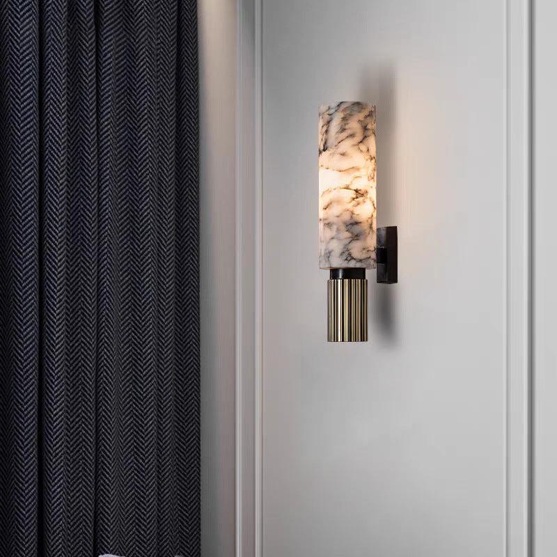 Marble and Copper Wall Sconce with Warm LED Light for Bedroom, Hallway, Living Room – Natural Stone Accent Wall Fixture