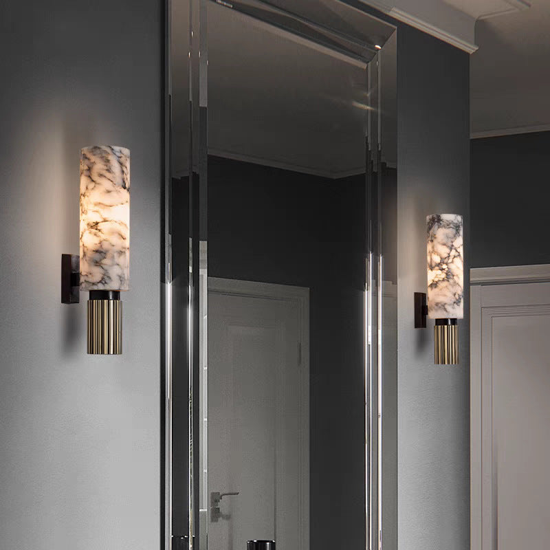Marble and Copper Wall Sconce with Warm LED Light for Bedroom, Hallway, Living Room – Natural Stone Accent Wall Fixture