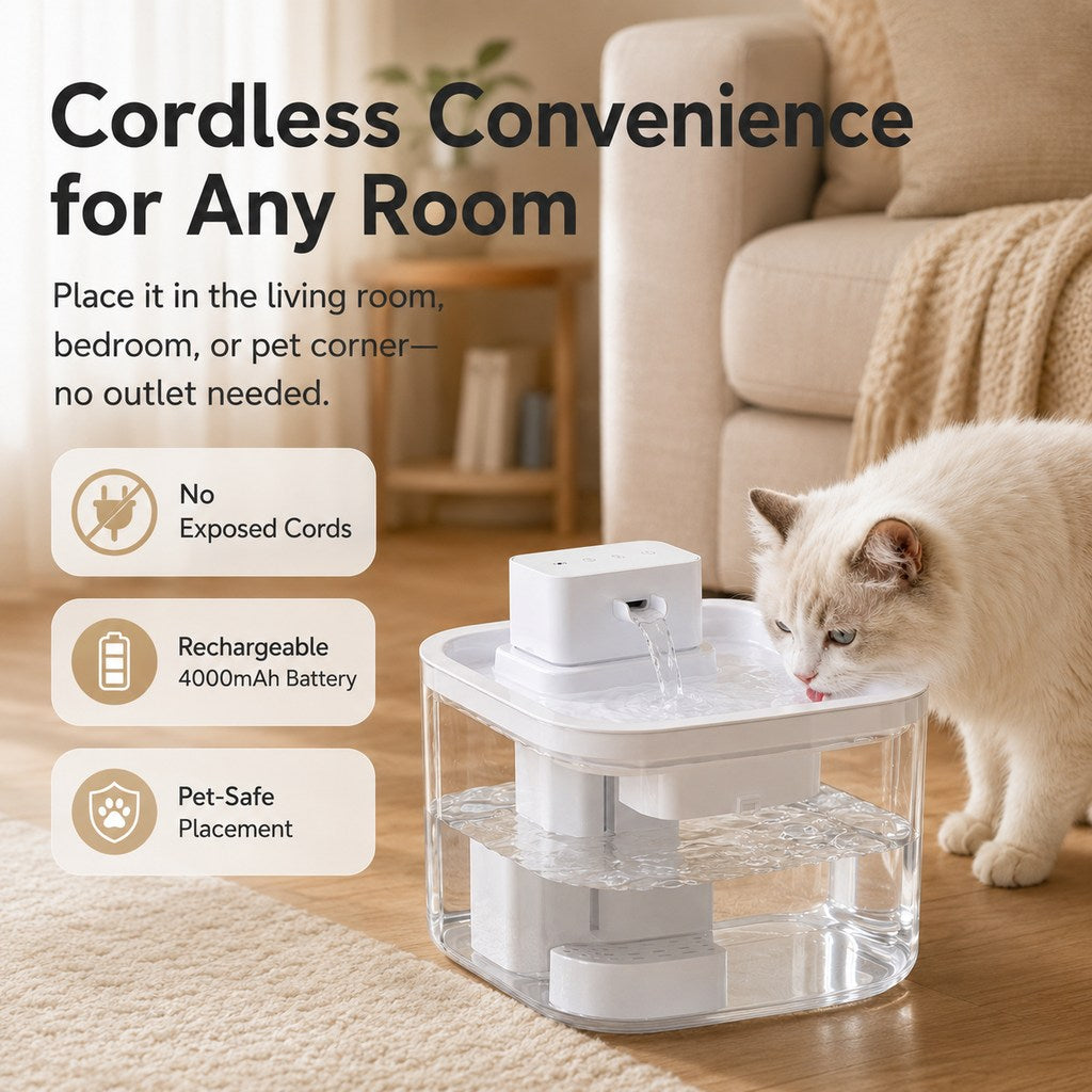 Ortekor Cordless Motion Sensor Cat Water Fountain for Any Room - 3.1L Fresh Water Without Cords