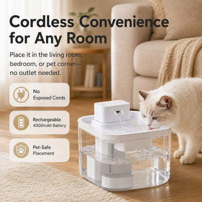 Ortekor Cordless Motion Sensor Cat Water Fountain for Any Room - 3.1L Fresh Water Without Cords