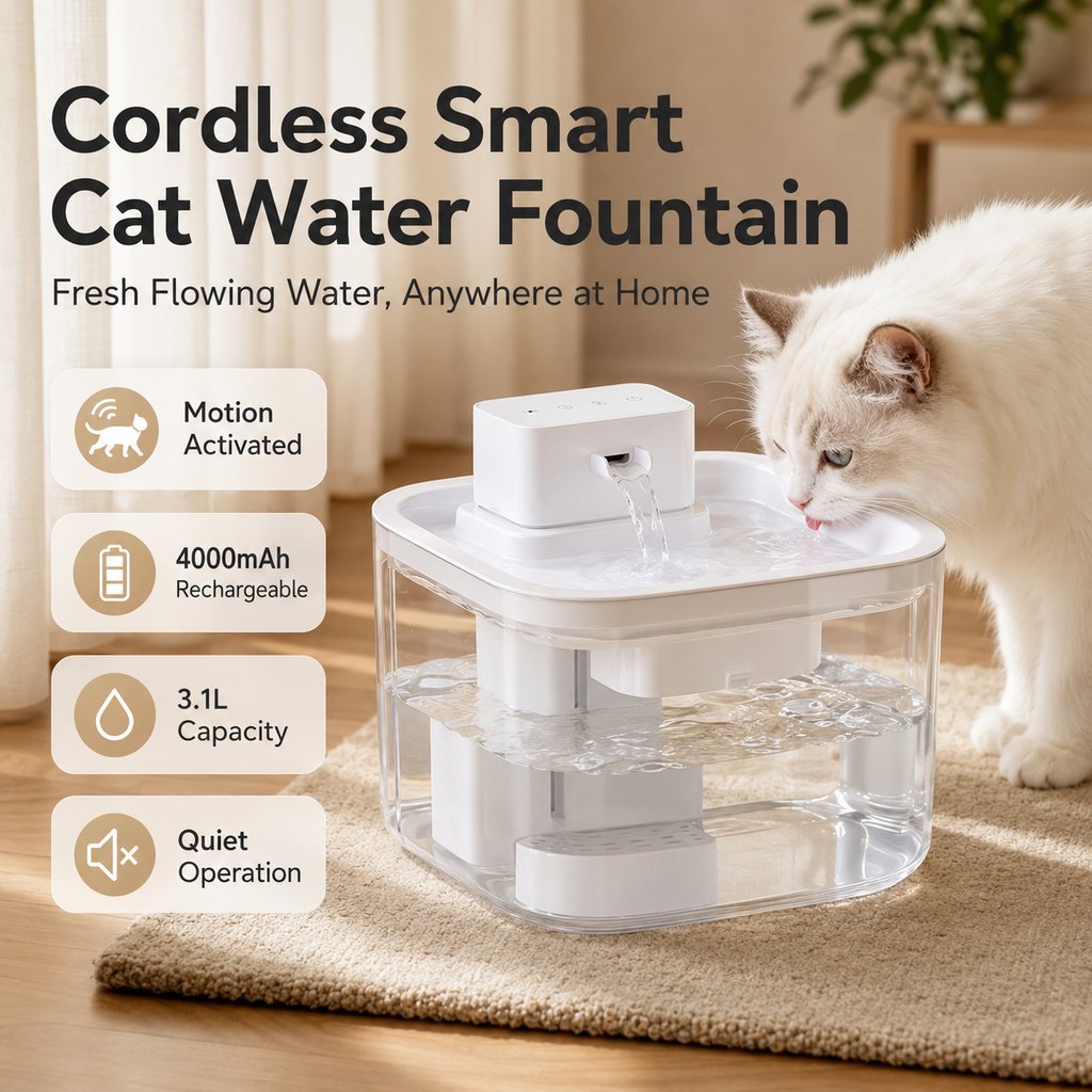 Ortekor Cordless Motion Sensor Cat Water Fountain for Any Room - 3.1L Fresh Water Without Cords