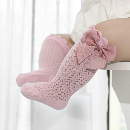 Infant Knee-High Socks with Oversized Ribbon Accent for Girls | Breathable Mesh Knit Footwear for Newborns and Toddlers 0-24 Months