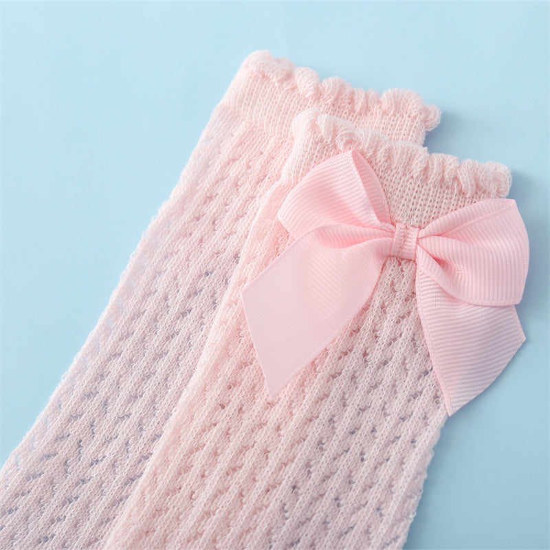 Infant Knee-High Socks with Oversized Ribbon Accent for Girls | Breathable Mesh Knit Footwear for Newborns and Toddlers 0-24 Months