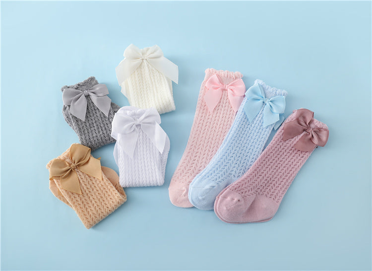 Infant Knee-High Socks with Oversized Ribbon Accent for Girls | Breathable Mesh Knit Footwear for Newborns and Toddlers 0-24 Months