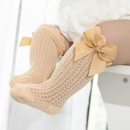 Infant Knee-High Socks with Oversized Ribbon Accent for Girls | Breathable Mesh Knit Footwear for Newborns and Toddlers 0-24 Months