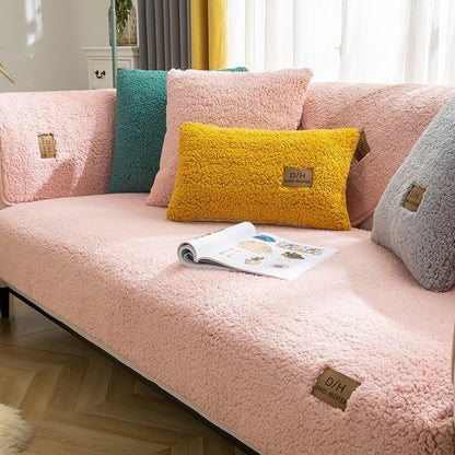Plush Fleece Couch Cover with Non-Slip Backing – Pet Hair & Stain Protection + 2 Pillow Covers for Living Room Sofas