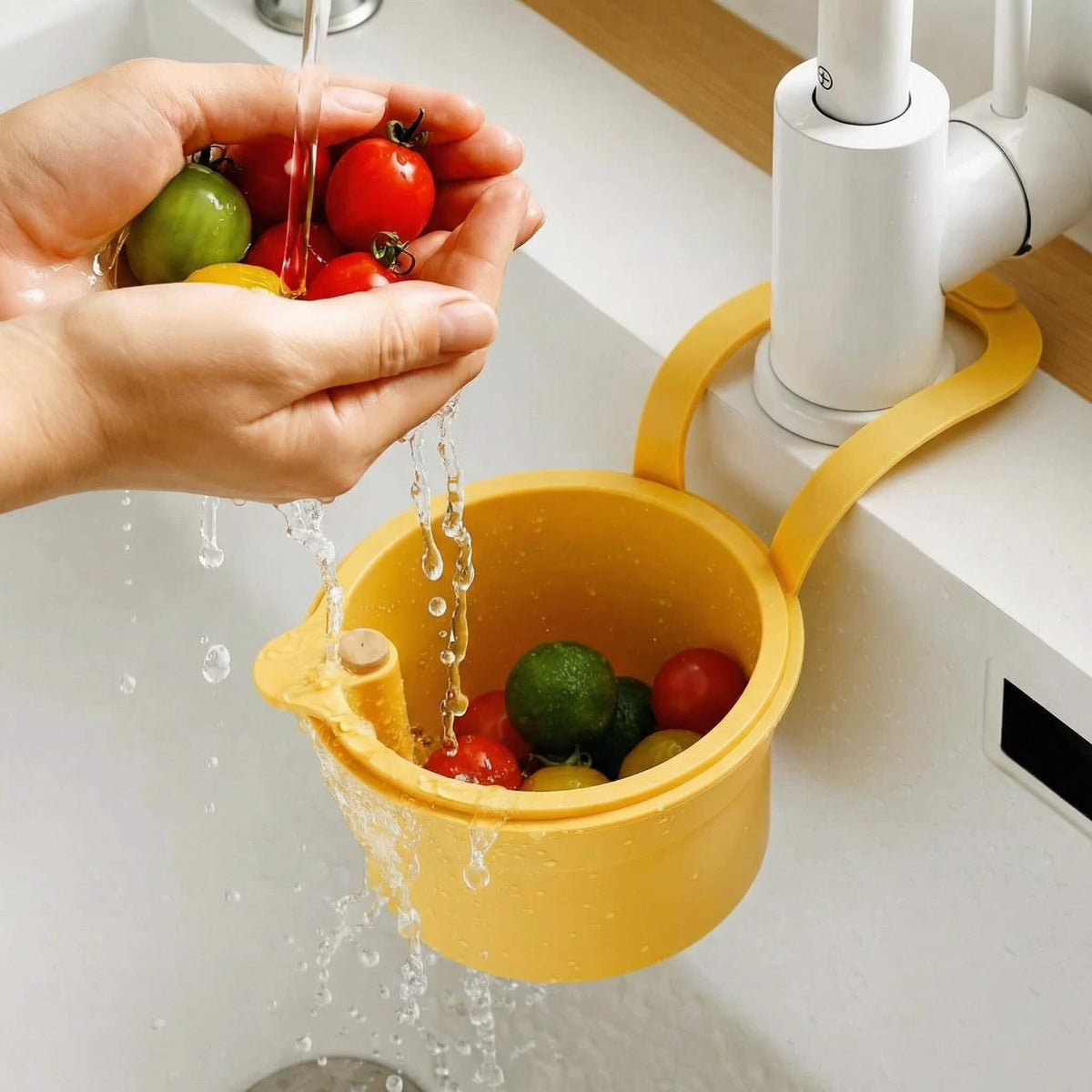 Tap-Mounted Food Scrap Catcher with Push-Button Release 8×5.6×5.1 Inches for Veggie Prep Scraps Fruit Washing Over-Sink Waste Bin