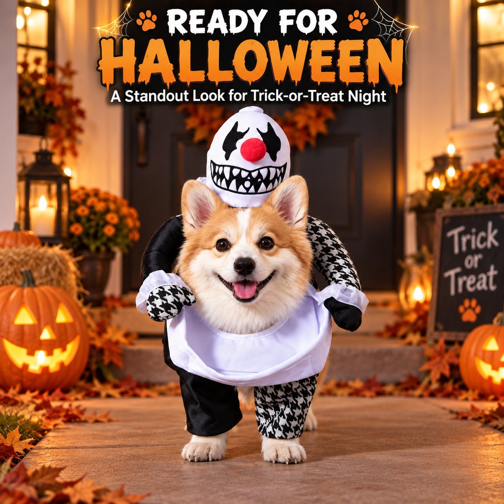 Ortekor Creepy Clown Dog Costume with Fake Arms - Halloween Trick-or-Treat Outfit for a Standout 3D Walking Look