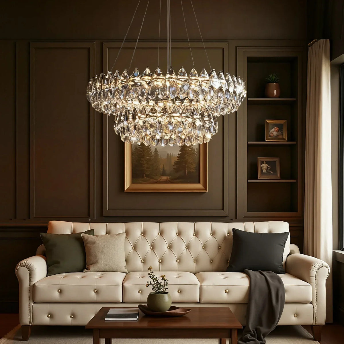 Double Ring Crystal Ceiling Light with Adjustable Height for Dining Room Living Room | Three Color Temperatures Chrome Finish | Teardrop Pen