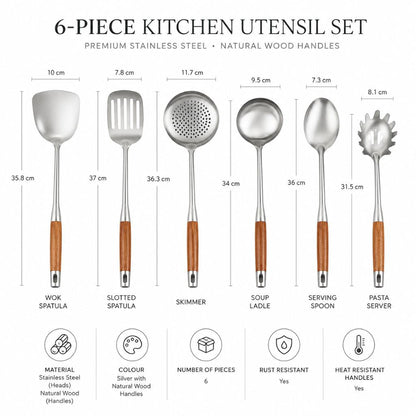 Six-Piece Cooking Utensil Set — Stainless Steel with Wood Handles for Everyday Kitchen Use