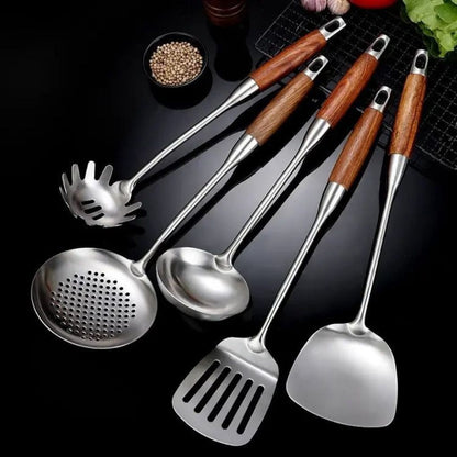 Six-Piece Cooking Utensil Set — Stainless Steel with Wood Handles for Everyday Kitchen Use