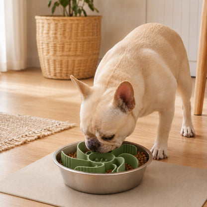 Ortekor Cut-to-Fit Slow Feeder Insert & Stainless Steel Bowl Set for Fast-Eating Dogs & Cats