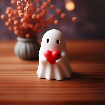 Resin Ghost Figurine with Heart & Attitude – Whimsical Tabletop Sculpture for Seasonal Display & Year-Round Charm