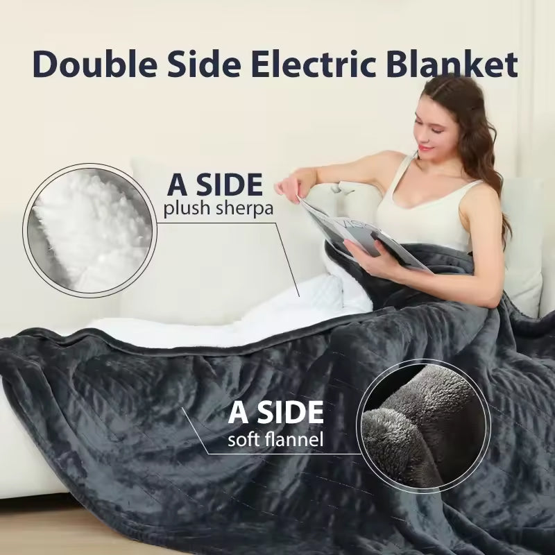 Electric Heated Throw Blanket with 9 Heat Settings & Auto Timer – Dual-Sided Flannel & Sherpa, Washable, Fast Heating, Overheat Protection