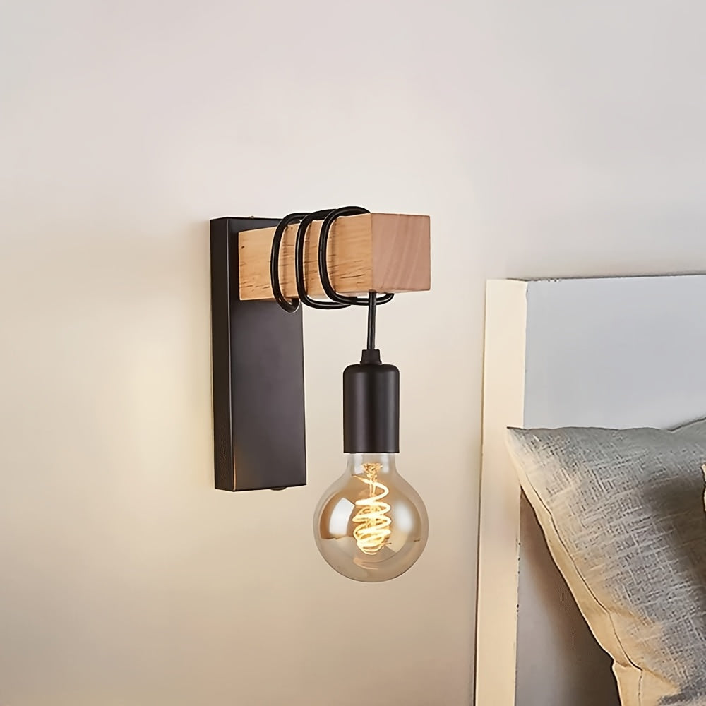 Metal and Wood Wall Light Fixture with E27 Socket – Modern Rustic Sconce for Hallway Bedroom Living Room – Semi-Flush Mount Design