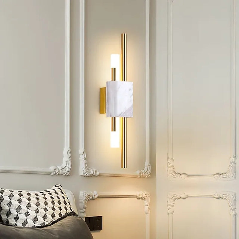 Modern Linear Wall Sconce with Marble Accents – Metal Construction, Warm LED Lighting for Bedroom & Living Room