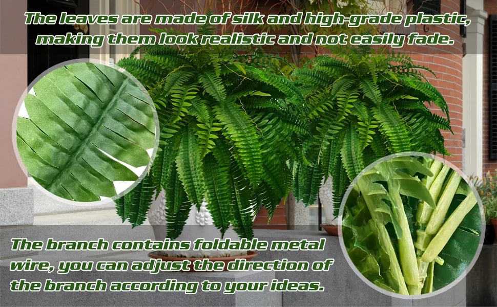 UV-Protected Synthetic Boston Fern Hanging Plant 28 Inches Wide Green Foliage for Porch Patio Indoor Outdoor Home Decor No Watering Needed