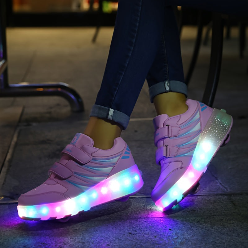 Kids Light-Up Wheeled Shoes with Removable Rollers LED Sneakers Hook-and-Loop Strap Pink Faux Leather for Boys Girls Active Play