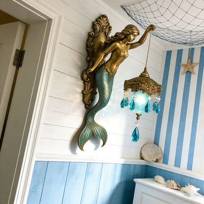 Sculptural Mermaid Sconce with Hanging Crystal Drops and Glass Shade for Bedrooms, Living Rooms & Hallways
