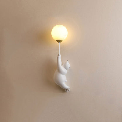 Bear with Balloon Wall Sconce Light for Kids Room Nursery Bedroom Playroom Resin Animal Design Accent Lighting White Blue Pink