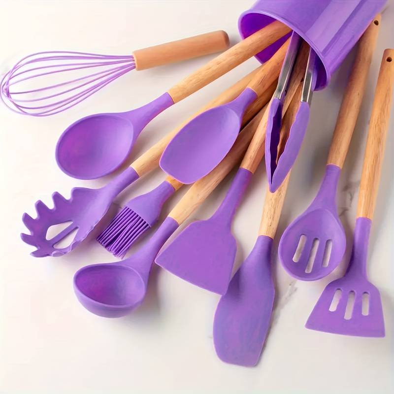 12-Piece Silicone Cooking Utensil Set with Wood Handles Heat Resistant Kitchen Tools for Nonstick Cookware Home Chef Spatula Spoon Whisk