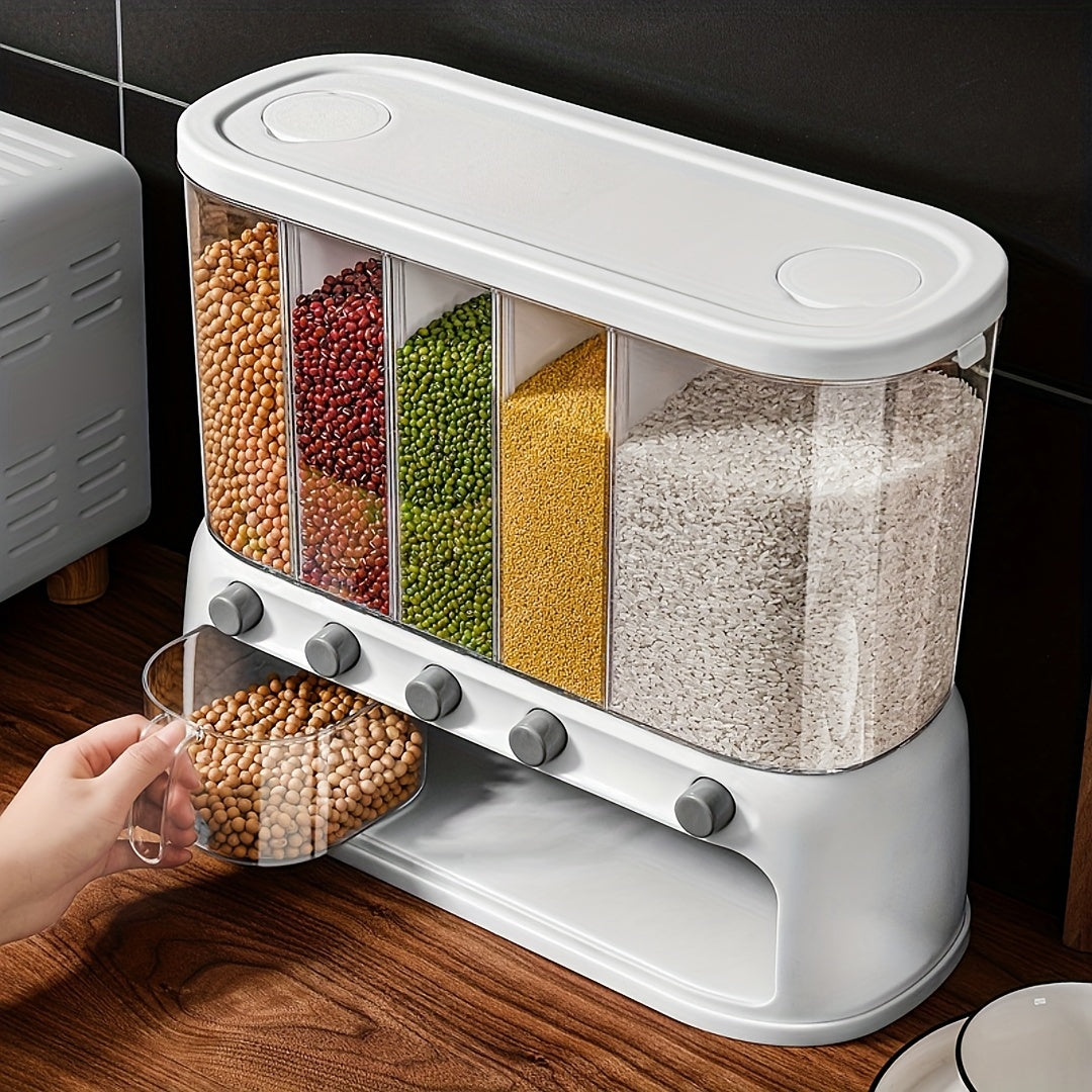 5-Section Dry Food Dispenser with Press Buttons & Sealed Flip Lid for Rice Pasta Beans Cereal Snacks Kitchen Pantry Counter Cabinet